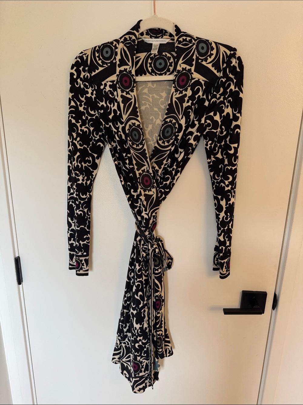 Black & Cream Printed Wrap Dress with Accent Medallions
